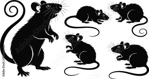 Black vector silhouette set of rats and mice in various poses including standing and scurrying for pest control services and rodent wildlife branding,