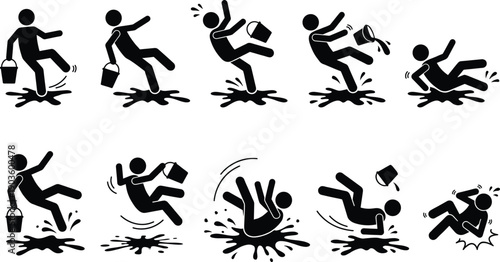 Black vector silhouette stick figure set showing various stages of a person slipping and falling on a wet floor with a bucket,Black vector silhouette stick figure set 