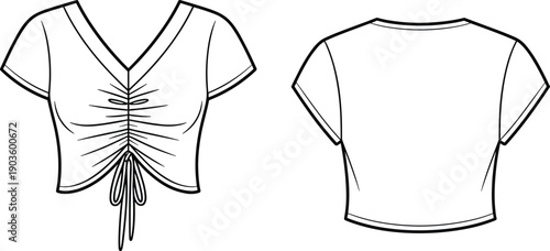 Flat fashion technical sketch of women short sleeve cropped V neck top with front ruching detail front and back view outline template vector illustration