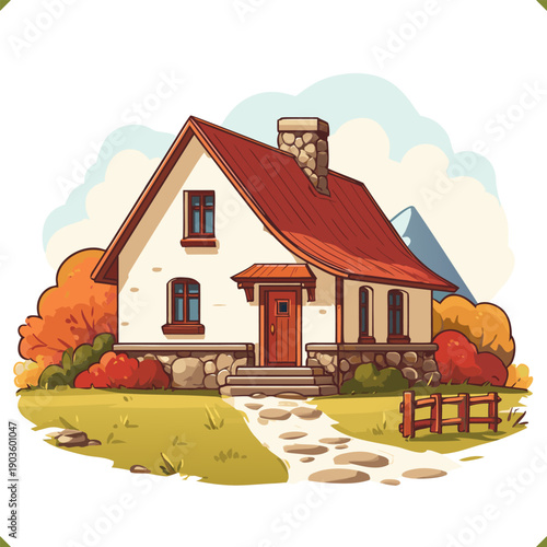 Vector illustration of cozy rural country house with stone base, red roof and autumn trees, peaceful landscape isolated on a white background