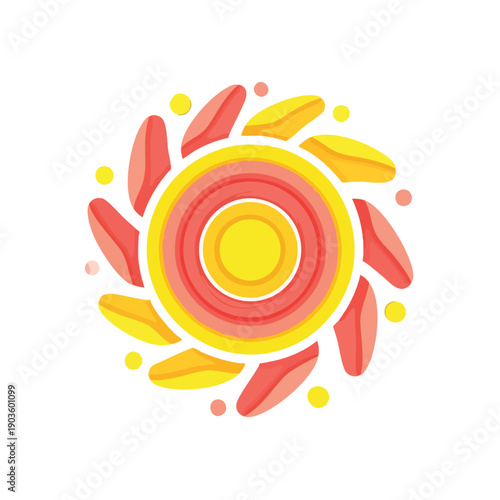 A vibrant sun vector graphic with yellow, orange, and red hues, featuring rays and dots on a white background, conveying a warm and energetic mood.