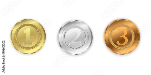 Gold silver bronze award medals with ribbons on black opaque background, first second third place ranking concept, realistic achievement icons.