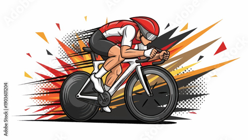 Cyclist on racing bike speeding with burst of energy in vector illustration