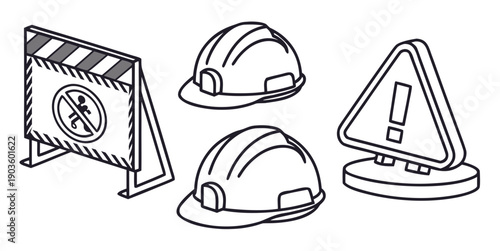 Construction safety equipment including helmets and warning signs