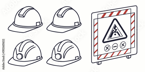 Variety of hard hats and a caution sign displayed in a workplace setting