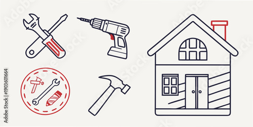 A collection of tools and a house illustrating home improvement and maintenance.