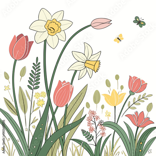 A vibrant illustration of a garden filled with colorful flowers and buzzing bees.