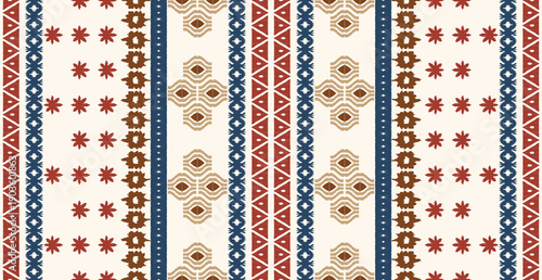 Traditional Ethnic ikat motif fabric pattern with geometric elements.African Ikat Embroidery: Ethnic Pattern on a Cream Background Wallpaper. Abstract vector illustration.Texture, frame, decoration.