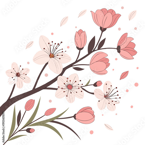 A delicate bouquet of pink flowers and blossoming branches set against a white background