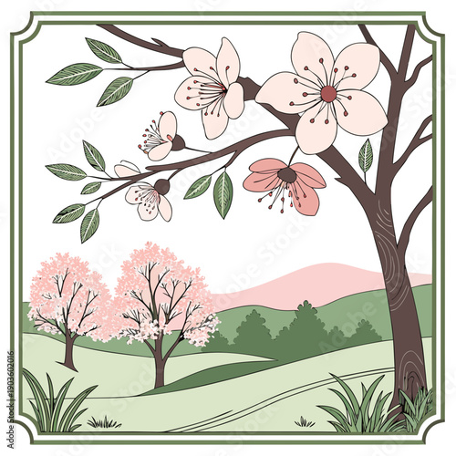 A serene landscape with blooming cherry blossom trees in the foreground