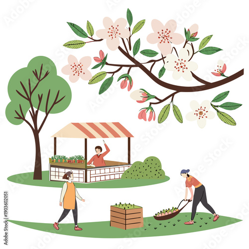 Children playing in a park surrounded by blossoming trees and flowers