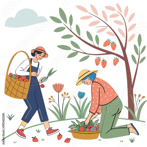 Two women gardening together in a lush garden with blooming flowers and plants.