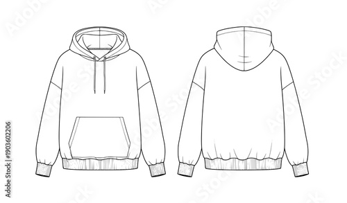 Oversized hoodie sweatshirt technical CAD fashion illustration front and back