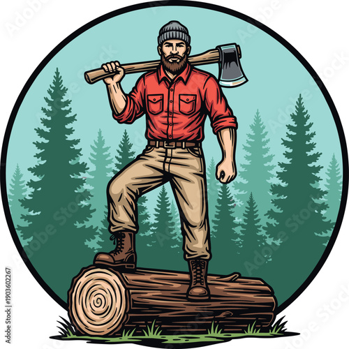 Cartoon Lumberjack Mascot Character Wearing Red Plaid Shirt and Beanie Carrying Axe on Shoulder and Standing on Log in Forest for Woodworking Branding
