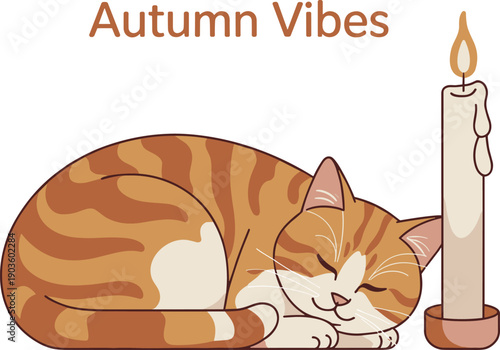 autumn, vibes, cute, orange, cat, sleeping, candle, cozy, fall, illustration, cartoon, warm, seasonal, pet, relaxation, adorable, minimal, design, hygge, vector