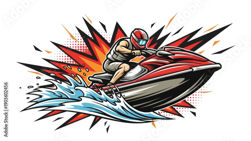 Jet ski rider on water with burst background vector illustration