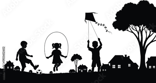 Children Playing in Suburban Park Silhouette Featuring Boy Kicking Soccer Ball, Girl Jumping Rope, and Boy Flying Kite Near Houses, Trees (20 words)