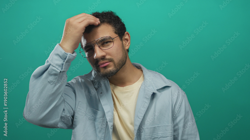 Fototapeta premium Young hispanic man wearing glasses in casual shirt touches head with hand in studio on green backdrop; confusion self reflection.