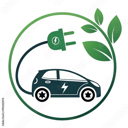 Electric Car Symbol with Plug Icon, Eco-Friendly Vehicle Illustration on White Background.