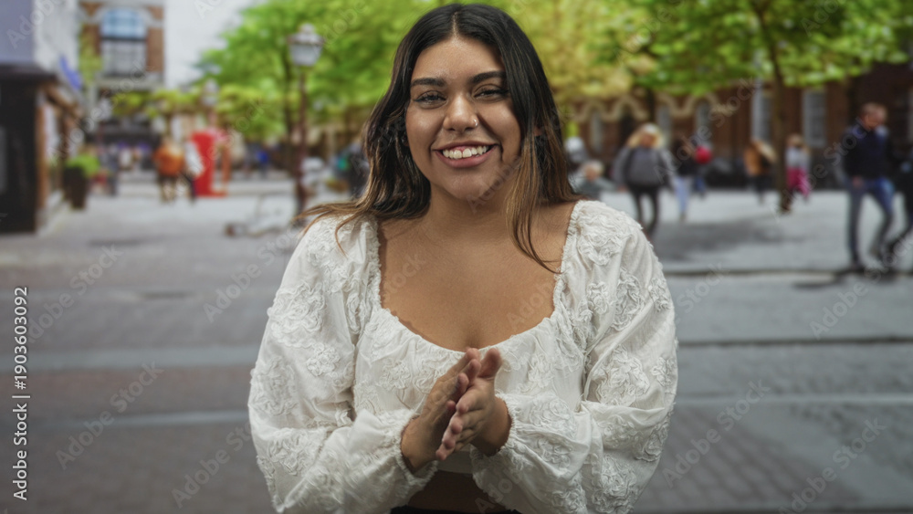 Fototapeta premium Plus size woman clapping hands on a city street in a white blouse, smiling and eyes closed; joy celebration.