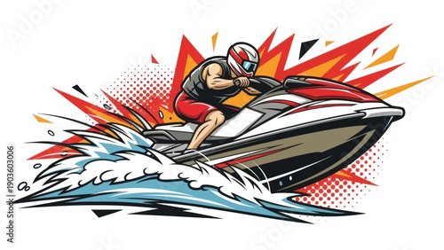 Jet ski rider racing on water with speed splash and abstract graphic