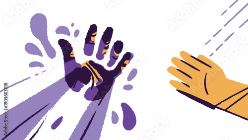 Stylized illustration of two contrasting hands reaching toward each other with dynamic purple energy splashes indicating interaction or connection