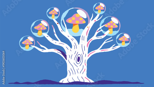 Whimsical illustration of a surreal white tree bearing luminous pink and yellow spotted mushrooms encased within protective transparent bubbles against a bright blue backdrop