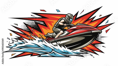 Jet ski rider racing through water with explosion graphic element