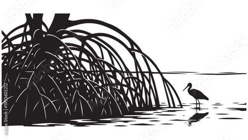Mangrove Root System With Waterline And Wading Bird Silhouette — Coastal Wetland Conservation Icon For Estuary And Shoreline Projects