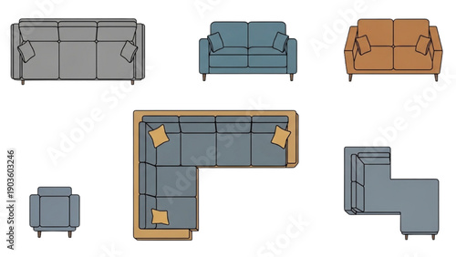 Collection of various sofa designs and layouts viewed from above in a furniture catalog