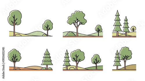 Collection of simple landscape illustrations featuring trees and hills from various viewpoints