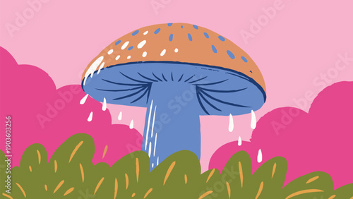 Whimsical illustration featuring a brightly colored blue mushroom with a speckled brown cap dripping water amidst lush green foliage and pink sky