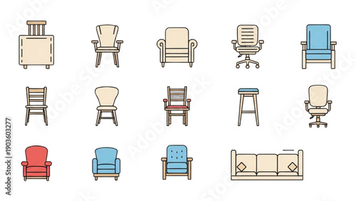 Collection of variously styled furniture pieces displayed in a grid layout showcasing different designs and colors