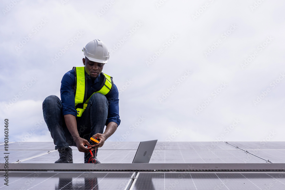 Fototapeta premium Engineer service check installation solar cell on the roof of factory. Engineers walking on roof inspect and check solar cell panel. Engineer working inspection installation solar cell on the roof