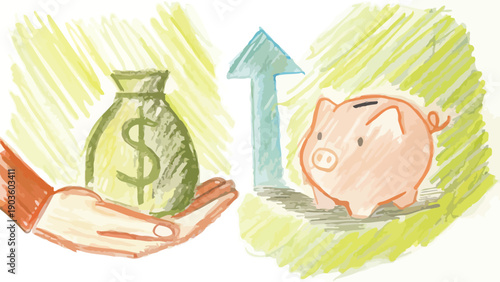 Hand holding a large money bag next to a piggy bank illustrating the concept of saving money for future financial growth or investment goals