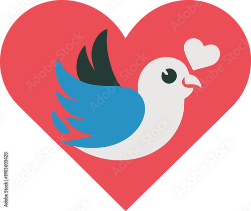Cute bird with blue wings and tail inside a red heart with a small white heart flying from its beak