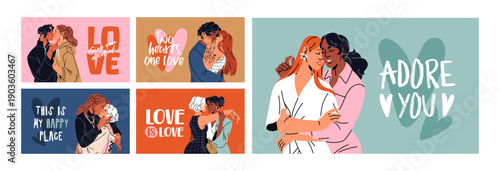 Set of Valentine Day greeting cards designs. Templates of 14 February postcards with kissing couples in love. People hug, cuddle together. Homosexual relationships. Flat vector illustrations.