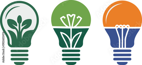 Eco friendly light bulb icons with green and orange colors and plants inside bulbs for energy saving concept ideas