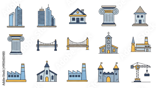 Collection of architectural illustrations featuring buildings, bridges, and columns from various viewpoints