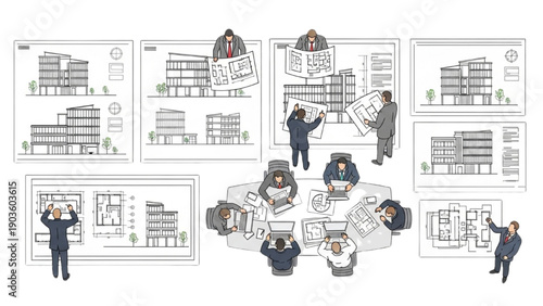 Business professionals collaborating on architectural projects in a modern office environment from various viewpoints
