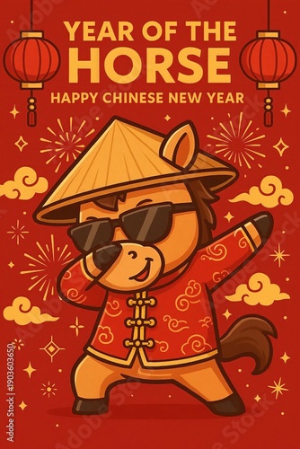 Cute Dabbing Horse Cartoon Celebrating Chinese New Year