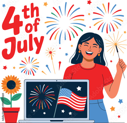 Woman celebrating Fourth of July with laptop and sparkler