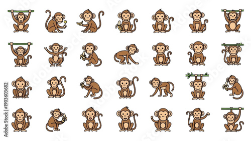 Collection of cartoon monkeys in various poses and actions displayed in a grid layout
