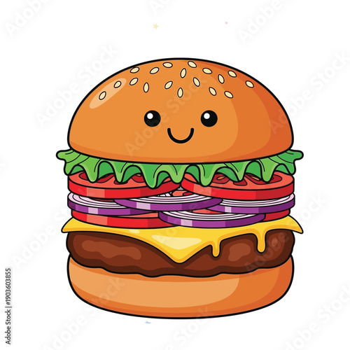 Cute Kawaii Burger Illustration - A Cheerful Food Character with a Smiley Face