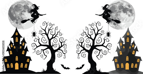 Spooky Halloween night witch silhouette haunted house full moon twisted trees bats vector illustration background design clipart set print ready