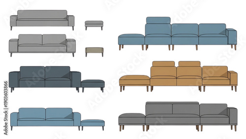 Assorted modern sofas and chaise lounges arranged in various configurations on a white background from a front viewpoint