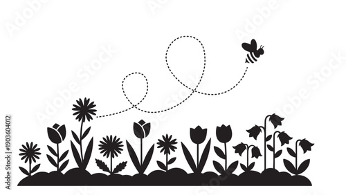 Pollinator Garden Bed Silhouette With Stylized Flowers And Bee Dotted Flight Path, Black Solid Vector Illustration For Spring, Ecology And Environmental Design