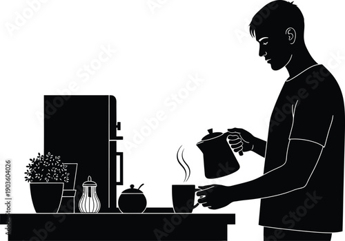 Man pouring hot coffee into a mug at a modern kitchen counter