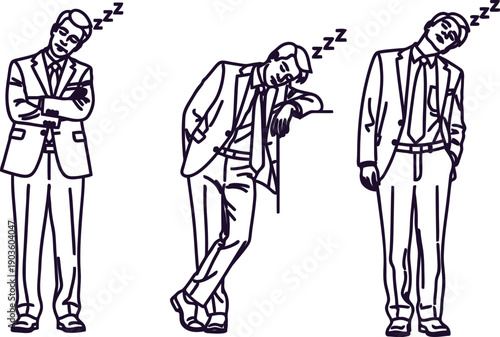 Three businessmen in suits falling asleep in various positions with zzz above their heads  sleepy tired employees