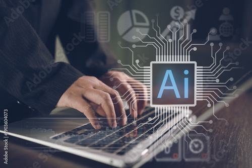 Artificial intelligence technology concept showing AI processor interface over business laptop
